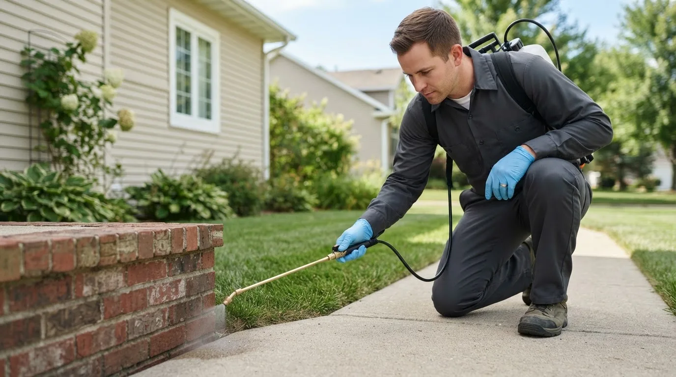 Pest control technician treating a home near Lafayette, IN