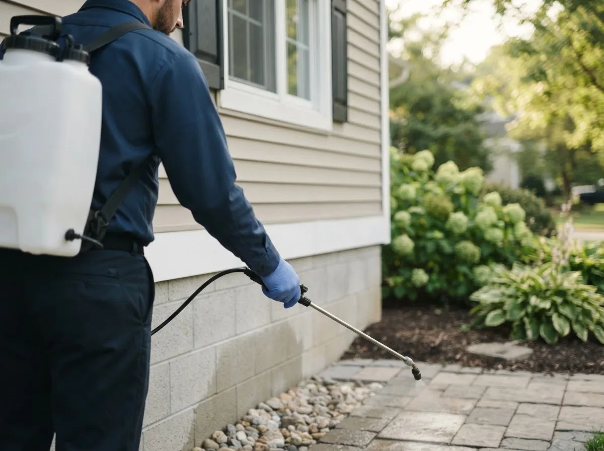 Pest control technician inspecting a home in Lafayette, IN